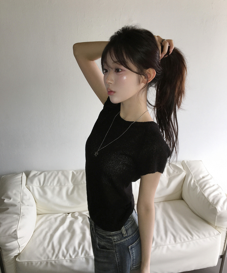 シースルー半袖ニット BLACK