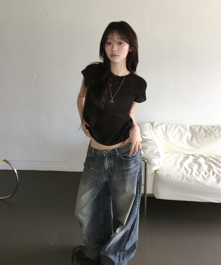 シースルー半袖ニット BLACK