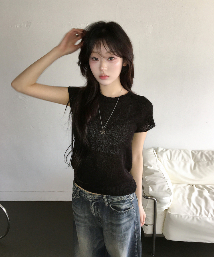 シースルー半袖ニット BLACK