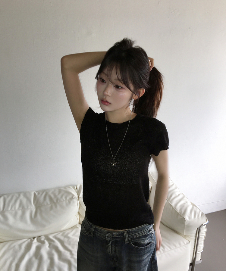 シースルー半袖ニット BLACK