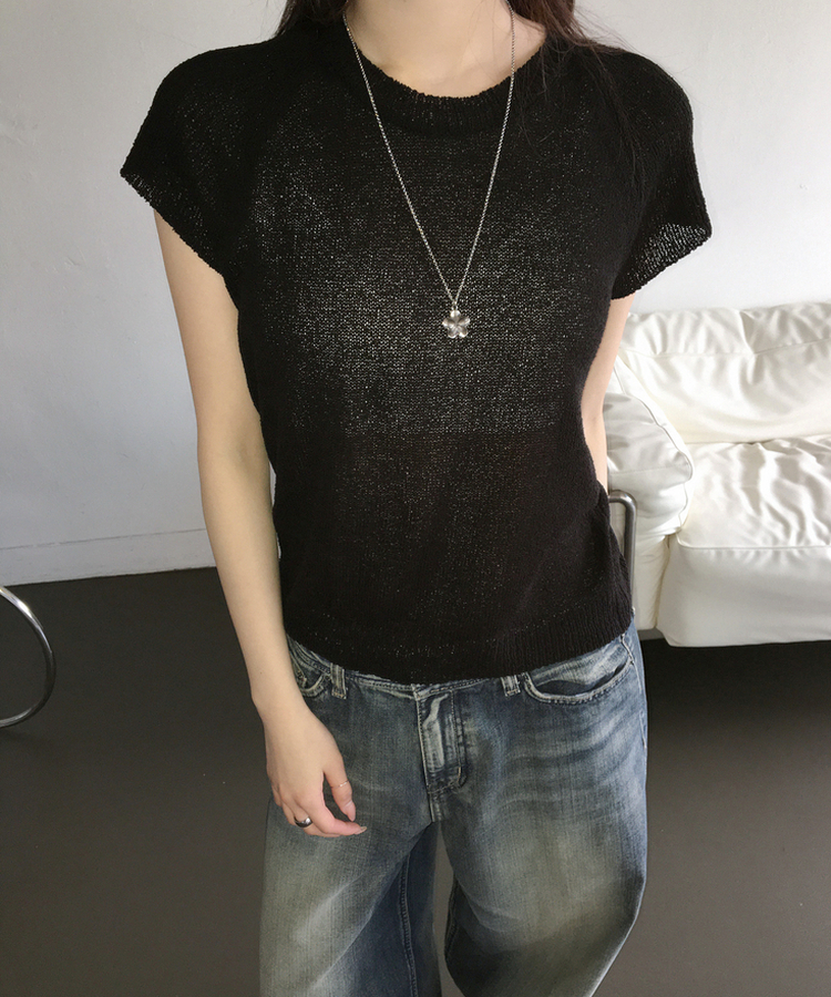 シースルー半袖ニット BLACK