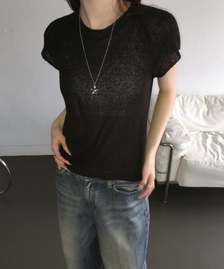 シースルー半袖ニット BLACK