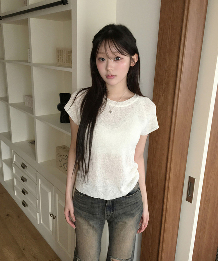 シースルー半袖ニット IVORY