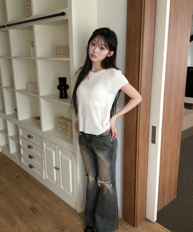 シースルー半袖ニット IVORY