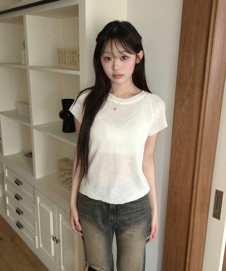 シースルー半袖ニット IVORY