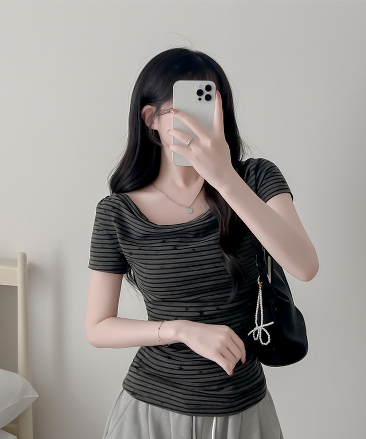 スターポイントストライプドレープ半袖Tシャツ CHARCOAL