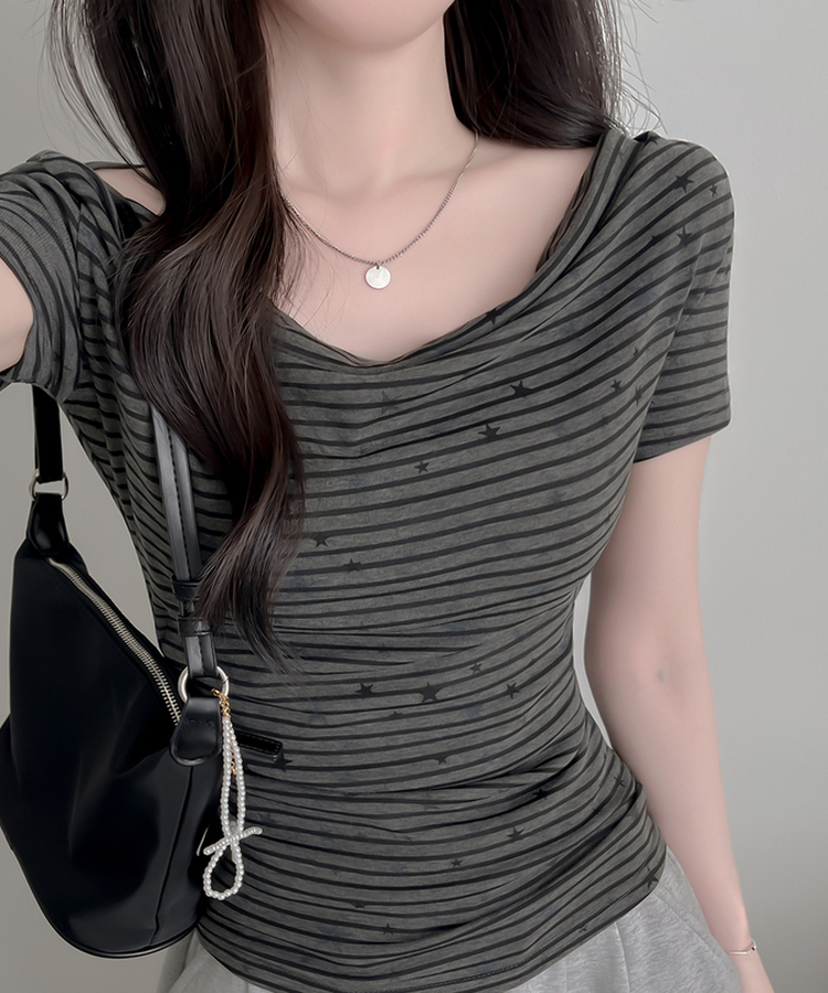 スターポイントストライプドレープ半袖Tシャツ CHARCOAL
