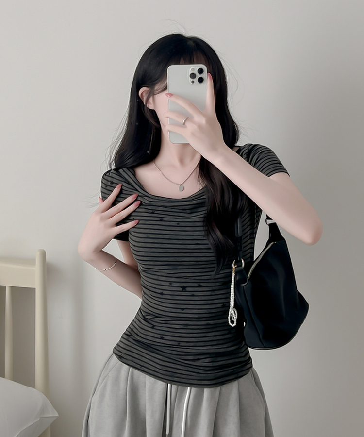 スターポイントストライプドレープ半袖Tシャツ CHARCOAL
