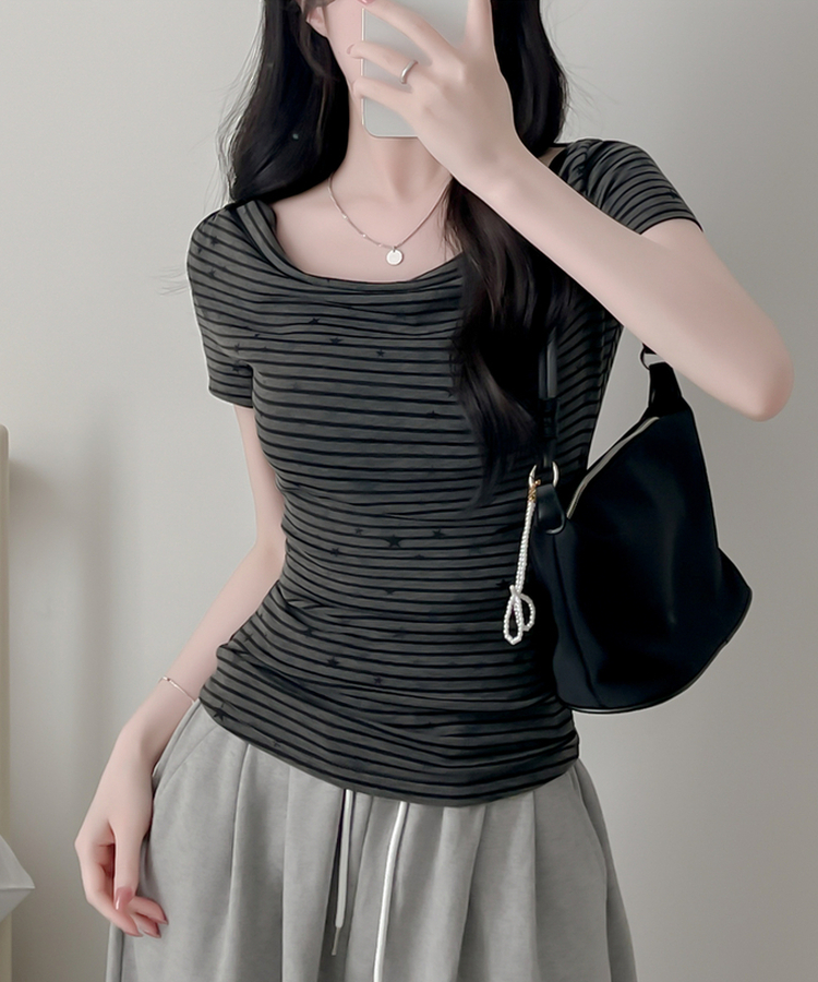 スターポイントストライプドレープ半袖Tシャツ CHARCOAL