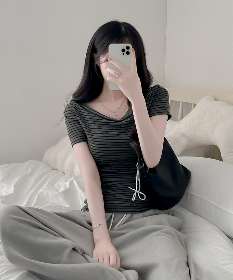 スターポイントストライプドレープ半袖Tシャツ CHARCOAL