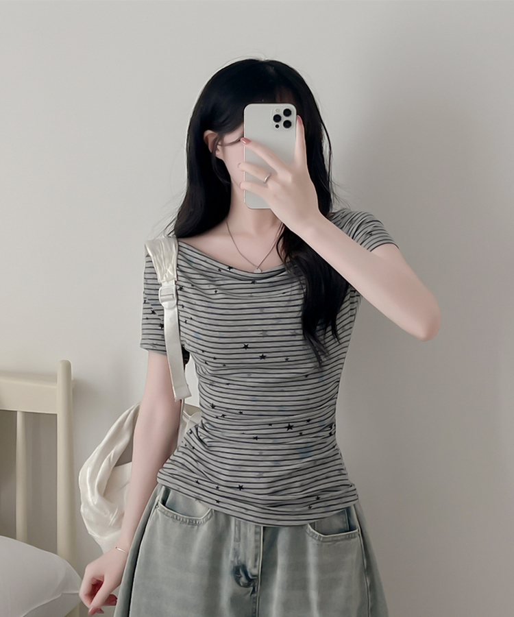 スターポイントストライプドレープ半袖Tシャツ GRAY