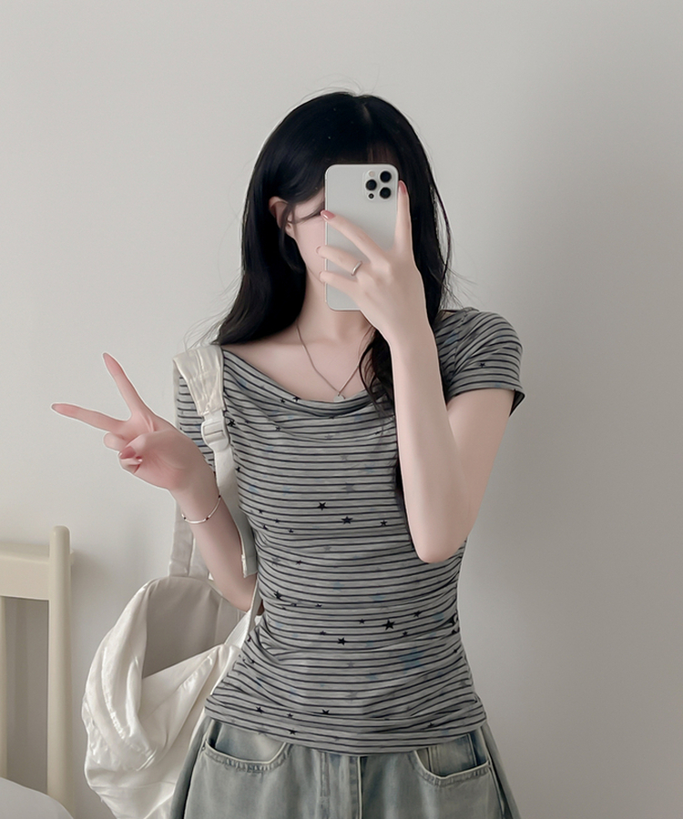 スターポイントストライプドレープ半袖Tシャツ GRAY