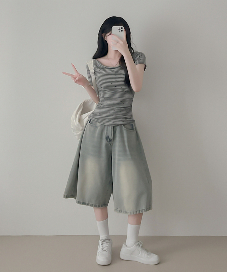 スターポイントストライプドレープ半袖Tシャツ GRAY