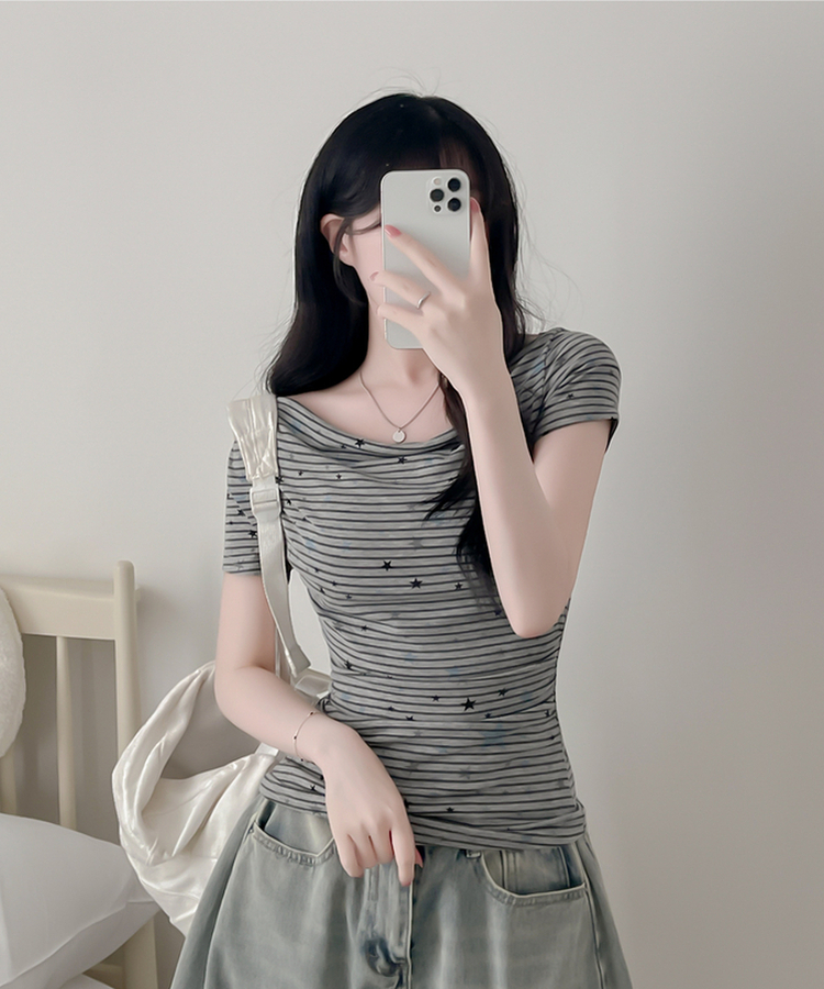 スターポイントストライプドレープ半袖Tシャツ GRAY
