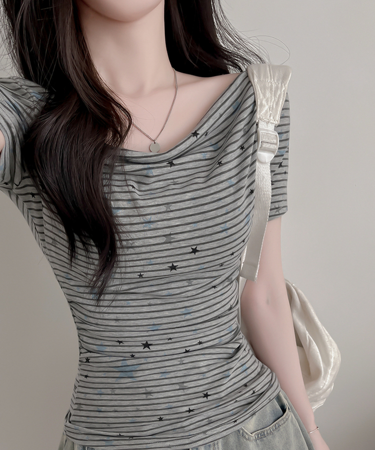 スターポイントストライプドレープ半袖Tシャツ GRAY