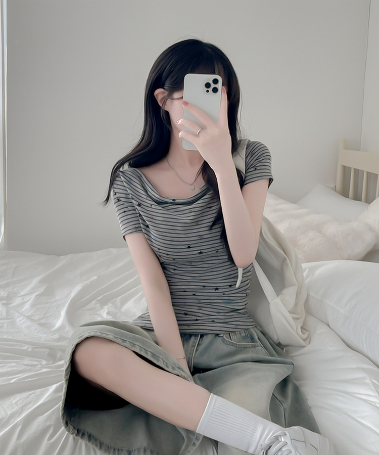 スターポイントストライプドレープ半袖Tシャツ GRAY