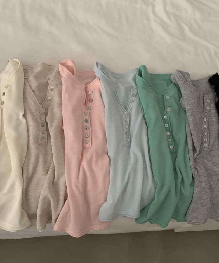 Vネックボタン半袖Tシャツ(7color)