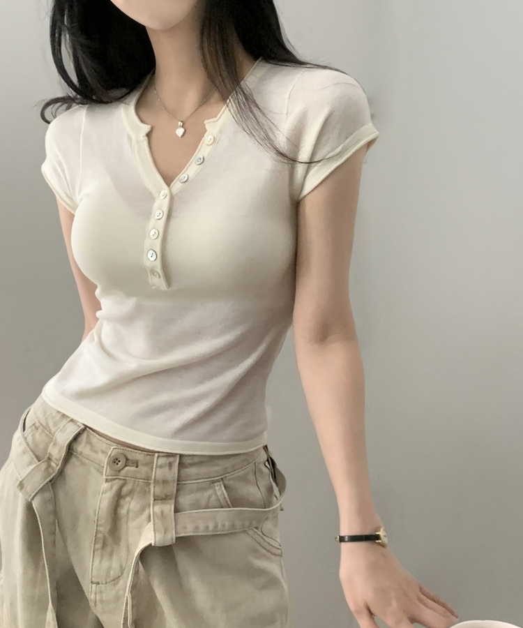 Vネックボタン半袖Tシャツ(7color) IVORY