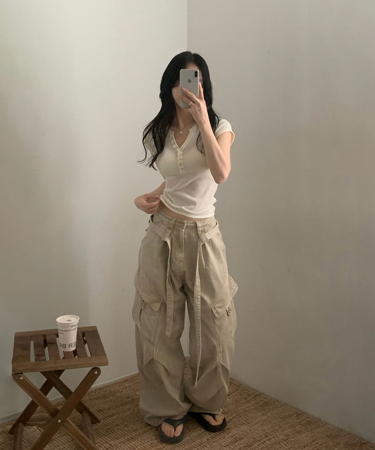 Vネックボタン半袖Tシャツ(7color) IVORY