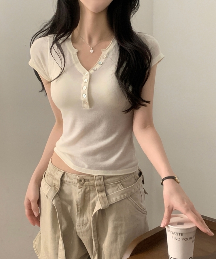 Vネックボタン半袖Tシャツ(7color) IVORY