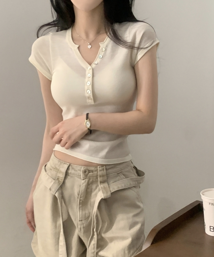 Vネックボタン半袖Tシャツ(7color) IVORY