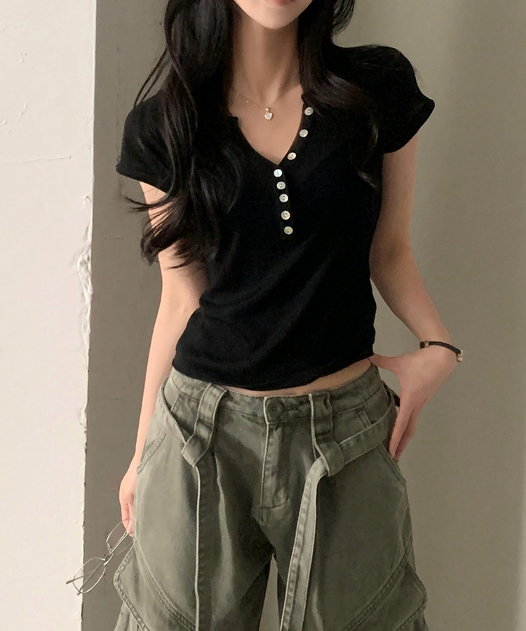 Vネックボタン半袖Tシャツ(7color) BLACK