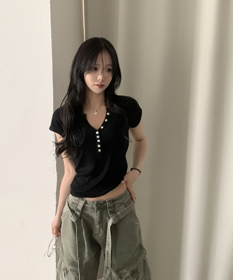 Vネックボタン半袖Tシャツ(7color) BLACK