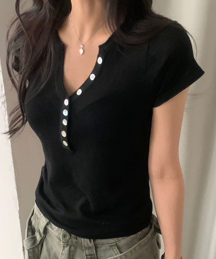 Vネックボタン半袖Tシャツ(7color) BLACK