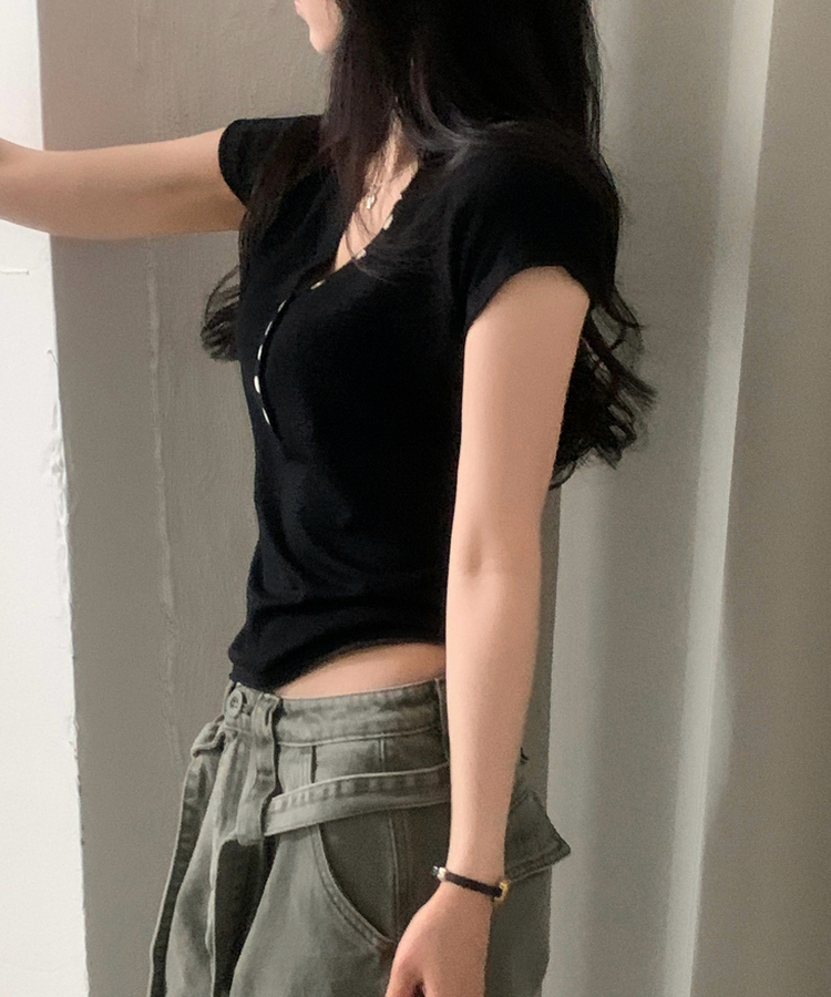 Vネックボタン半袖Tシャツ(7color) BLACK
