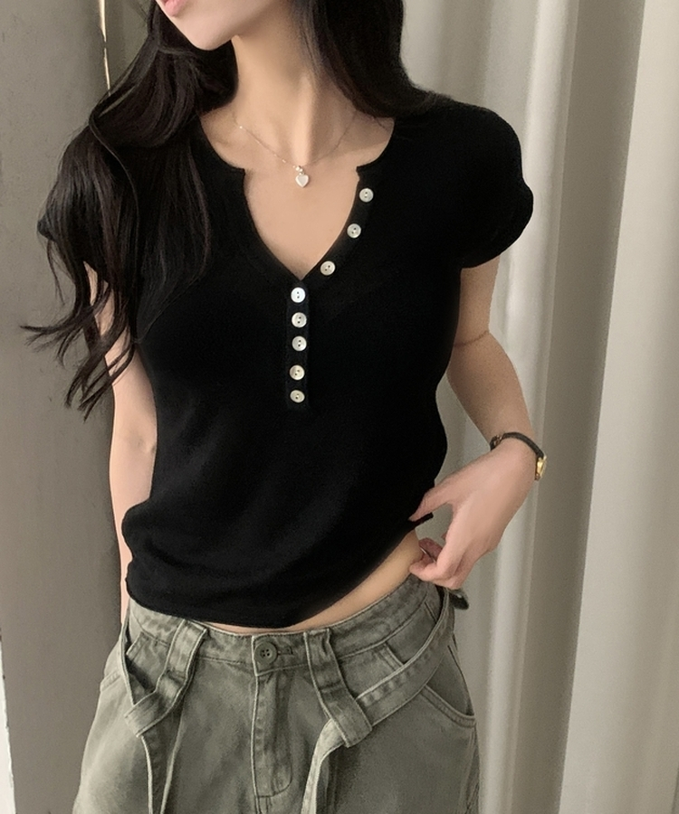 Vネックボタン半袖Tシャツ(7color) BLACK