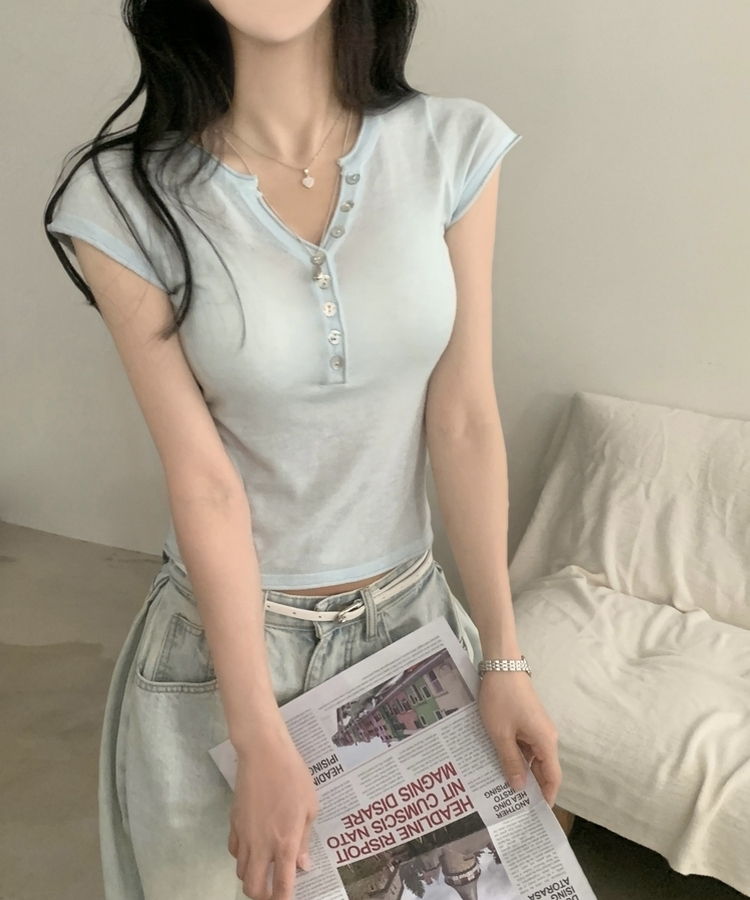 Vネックボタン半袖Tシャツ(7color) SKY BLUE