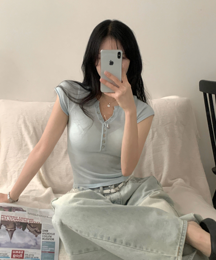 Vネックボタン半袖Tシャツ(7color) SKY BLUE