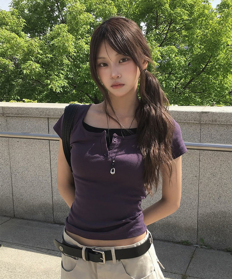 バイカラーレイヤードボタン半袖Tシャツ(6color) PURPLE