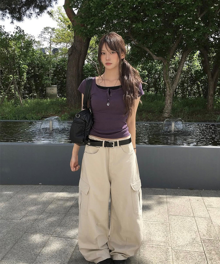 バイカラーレイヤードボタン半袖Tシャツ(6color) PURPLE