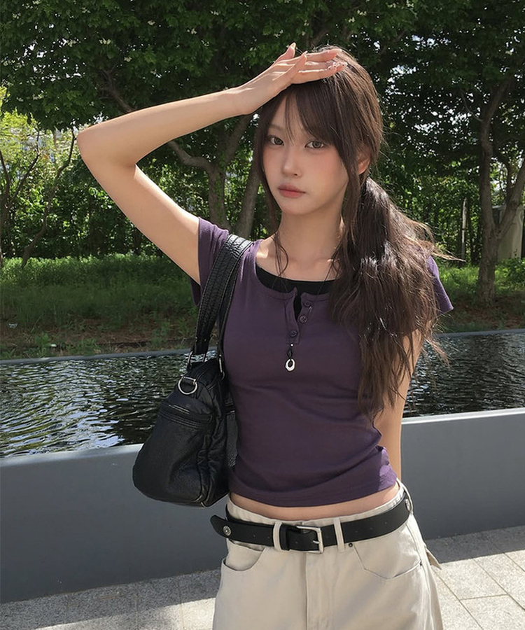 バイカラーレイヤードボタン半袖Tシャツ(6color) PURPLE