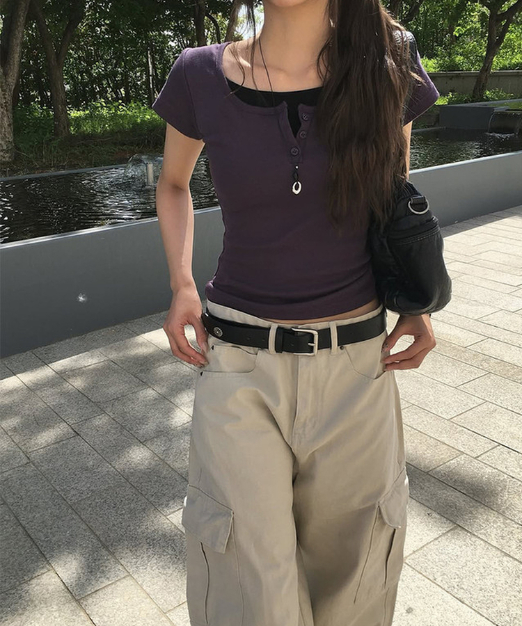 バイカラーレイヤードボタン半袖Tシャツ(6color) PURPLE