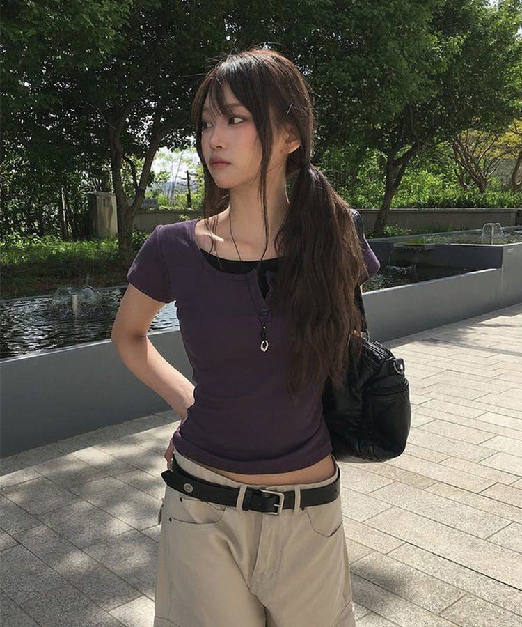 バイカラーレイヤードボタン半袖Tシャツ(6color) PURPLE