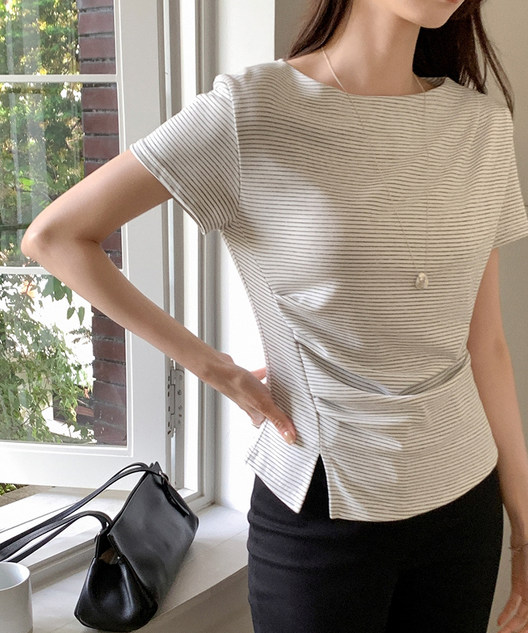 （夏の半袖ver.♥）ボートネック ライン タックシャーリング 半袖Tシャツ STRIPE GRAY