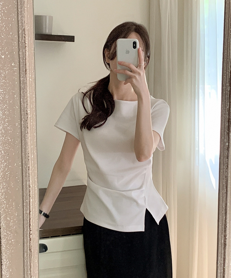 （夏の半袖ver.♥）ボートネック ライン タックシャーリング 半袖Tシャツ IVORY