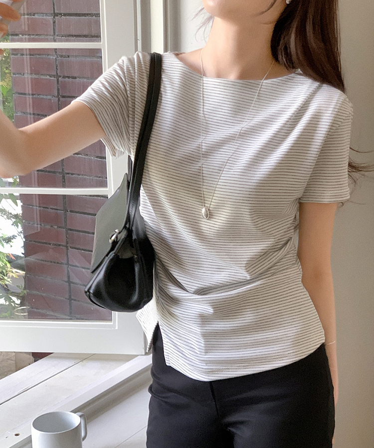 （夏の半袖ver.♥）ボートネック ライン タックシャーリング 半袖Tシャツ STRIPE GRAY