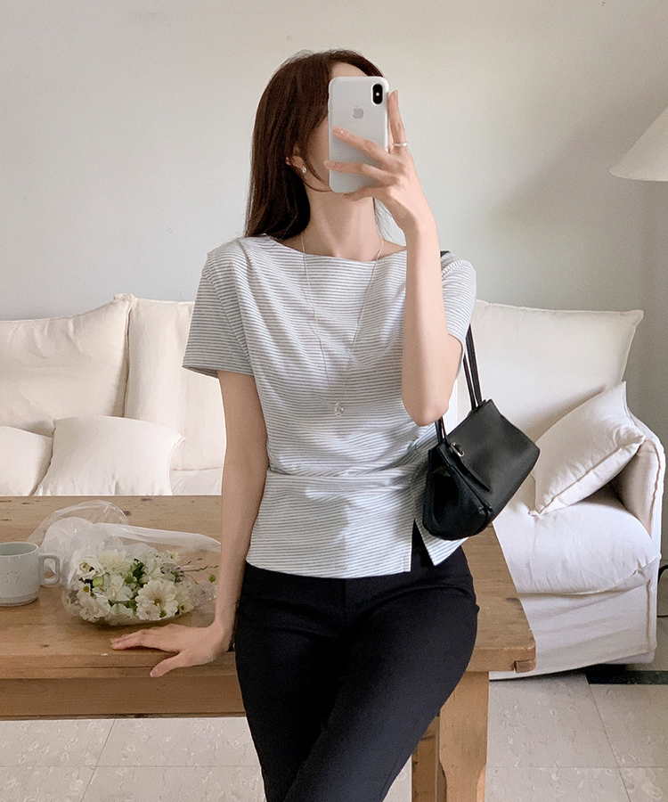 （夏の半袖ver.♥）ボートネック ライン タックシャーリング 半袖Tシャツ STRIPE GRAY