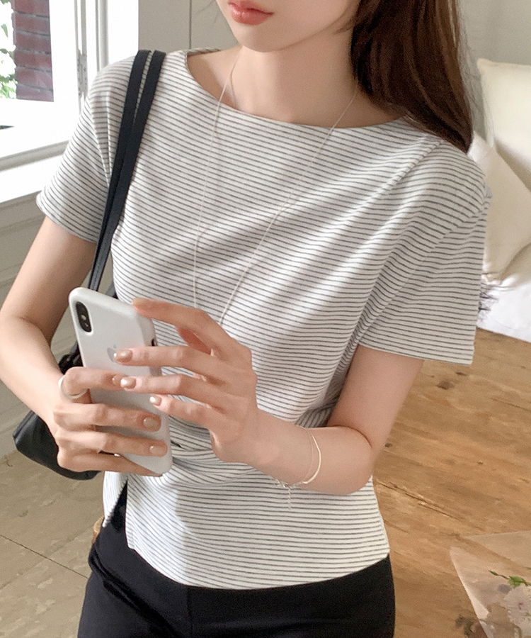 （夏の半袖ver.♥）ボートネック ライン タックシャーリング 半袖Tシャツ STRIPE GRAY