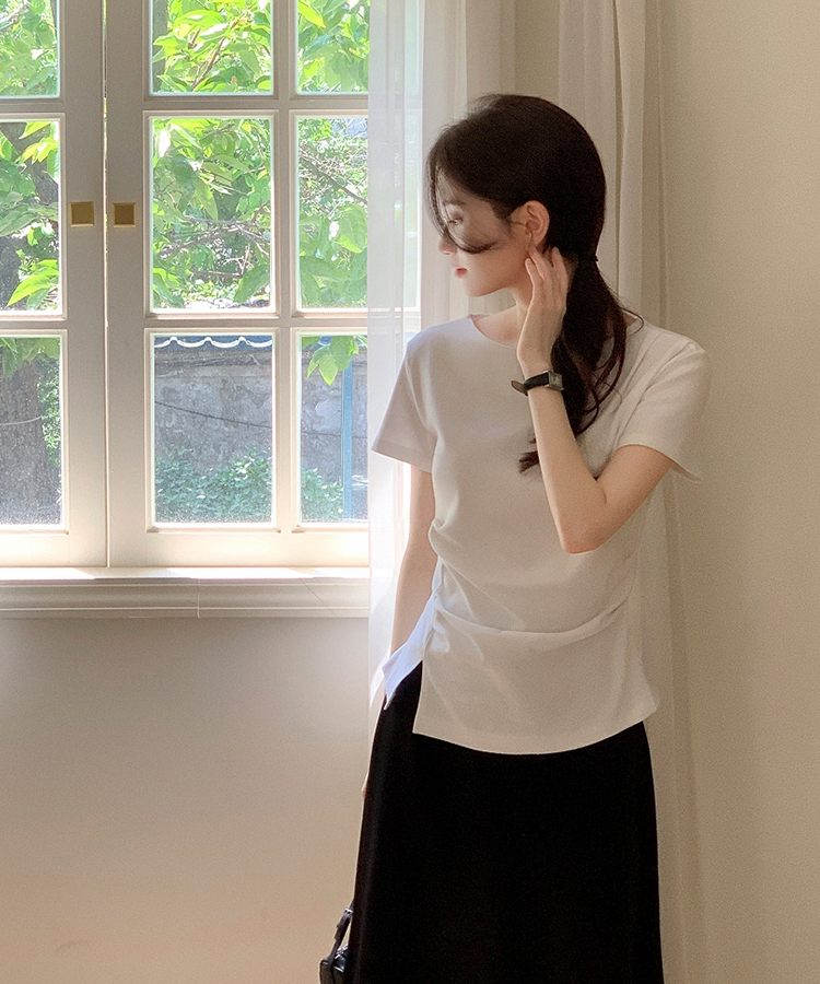 （夏の半袖ver.♥）ボートネック ライン タックシャーリング 半袖Tシャツ IVORY