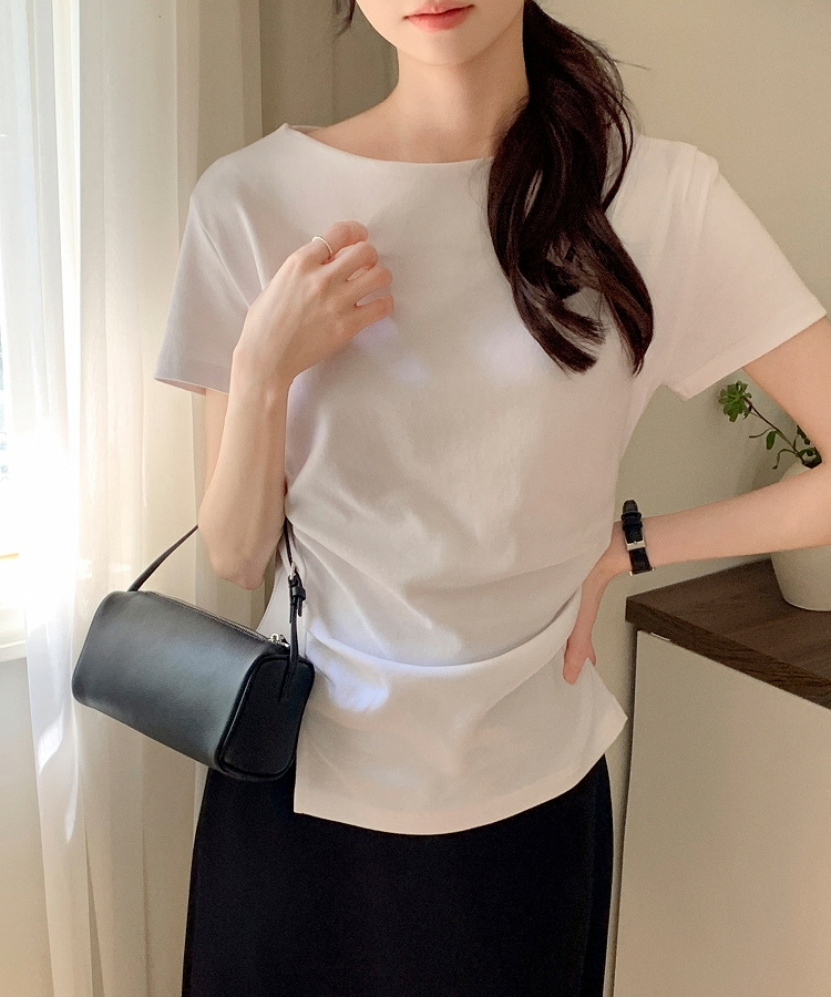 （夏の半袖ver.♥）ボートネック ライン タックシャーリング 半袖Tシャツ IVORY