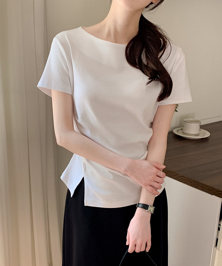（夏の半袖ver.♥）ボートネック ライン タックシャーリング 半袖Tシャツ IVORY