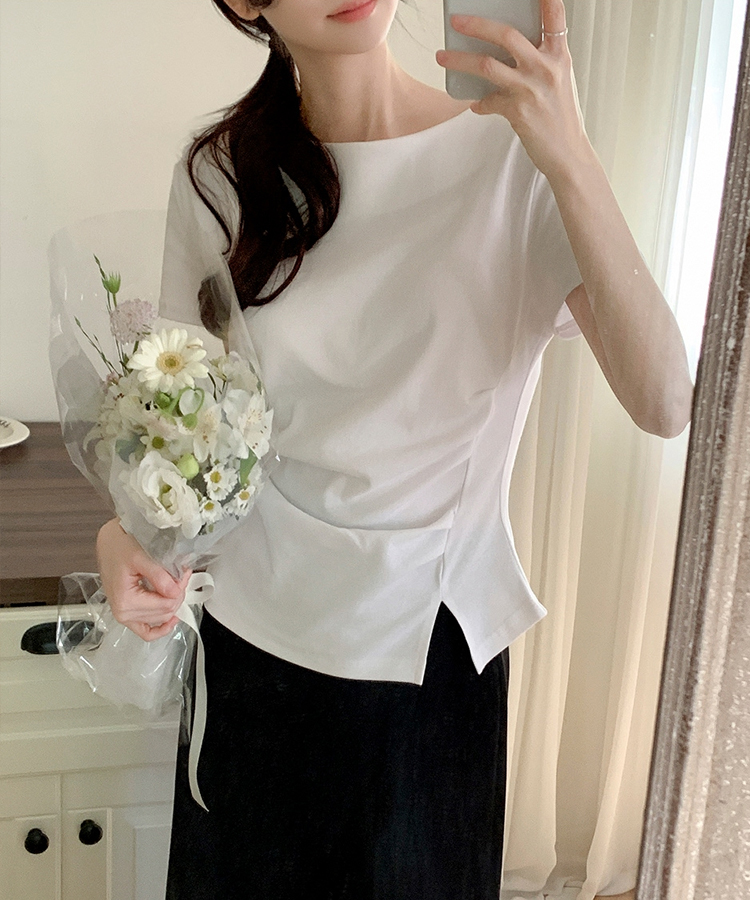 （夏の半袖ver.♥）ボートネック ライン タックシャーリング 半袖Tシャツ IVORY