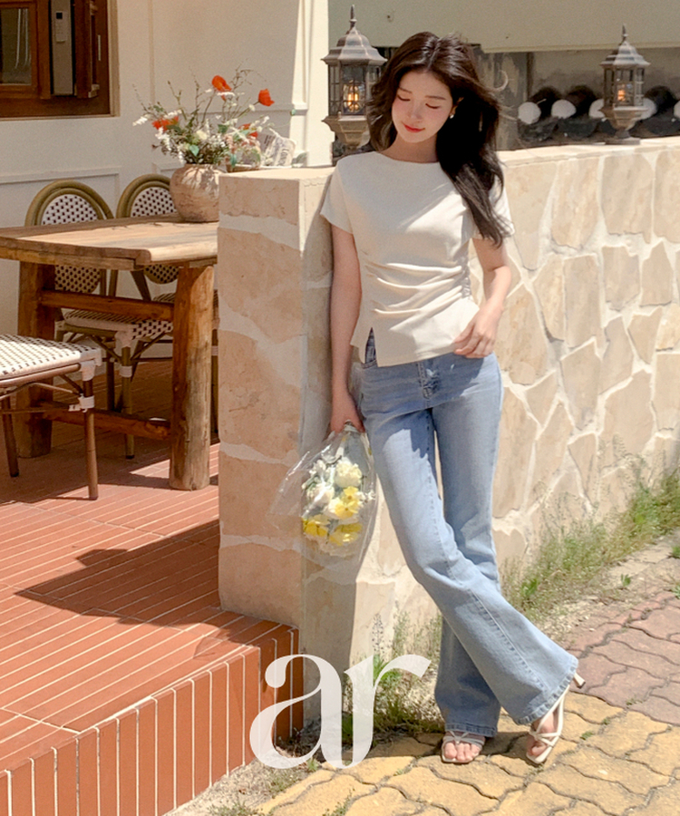 （夏の半袖ver.♥）ボートネック ライン タックシャーリング 半袖Tシャツ CREAM