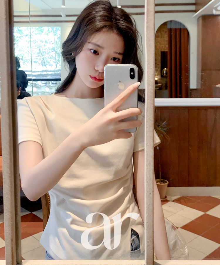 （夏の半袖ver.♥）ボートネック ライン タックシャーリング 半袖Tシャツ CREAM