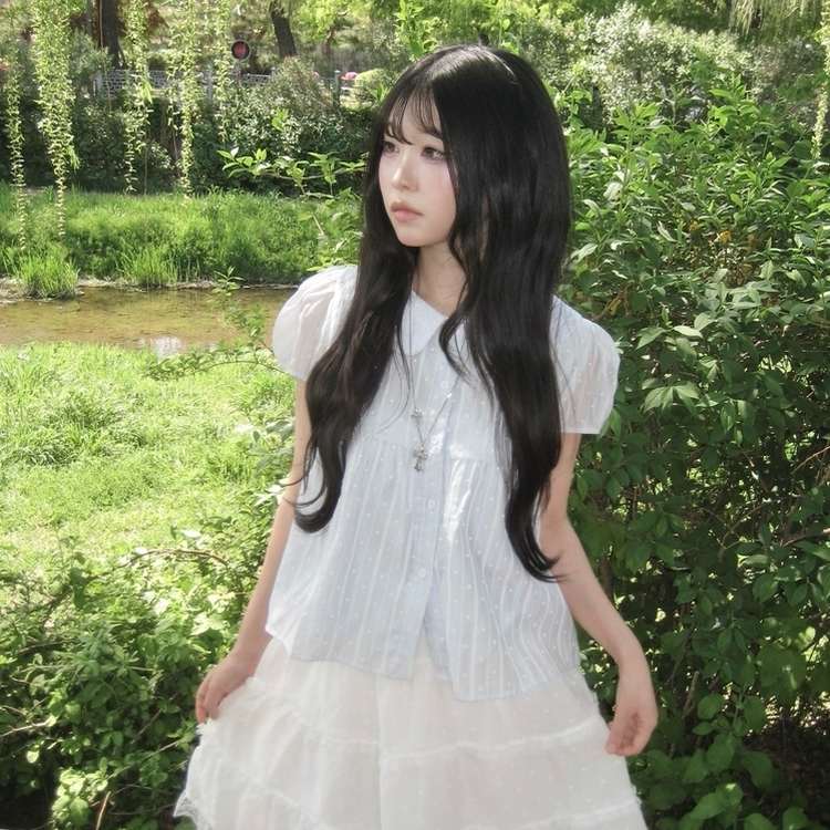 퓨어 모리걸 쉬폰 둥근카라 도트 반팔 블라우스 소라