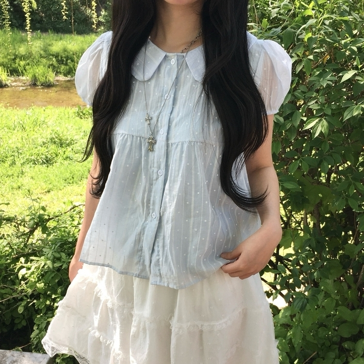 퓨어 모리걸 쉬폰 둥근카라 도트 반팔 블라우스 소라